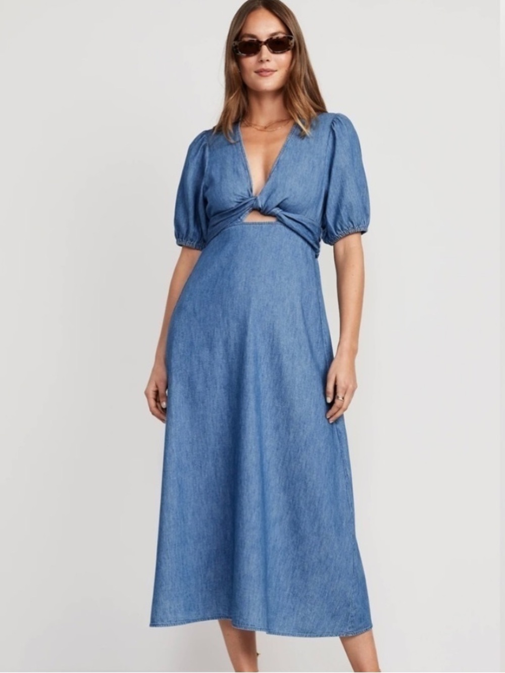 Old Navy Light Blue Denim Midi Dress with Puff Sleeves